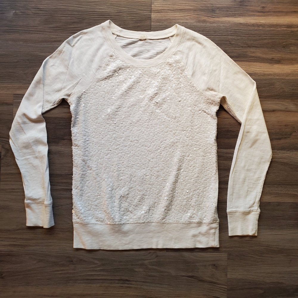 Jcrew Ivory Sequined Slub Cotton Crew Sweatshirt